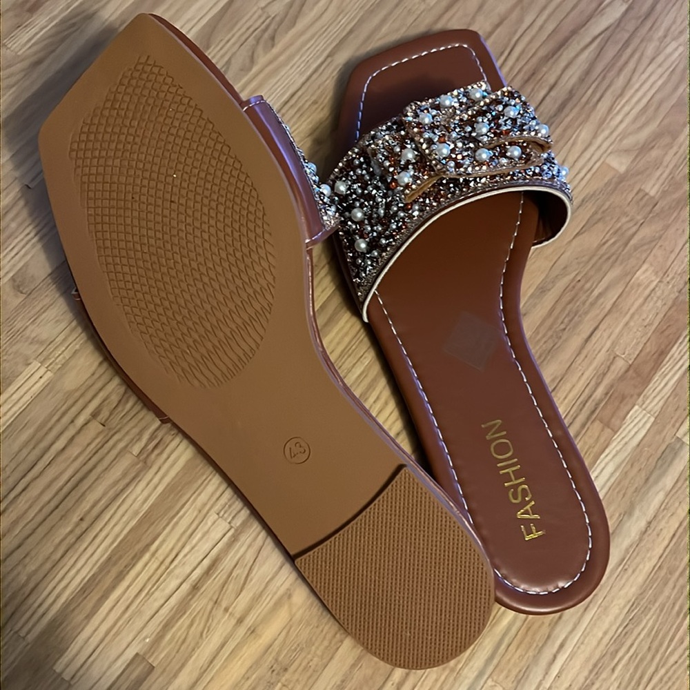 Women brown flip flop sandals rhinestones fashion slide faux pearl elegant - Picture 11 of 12